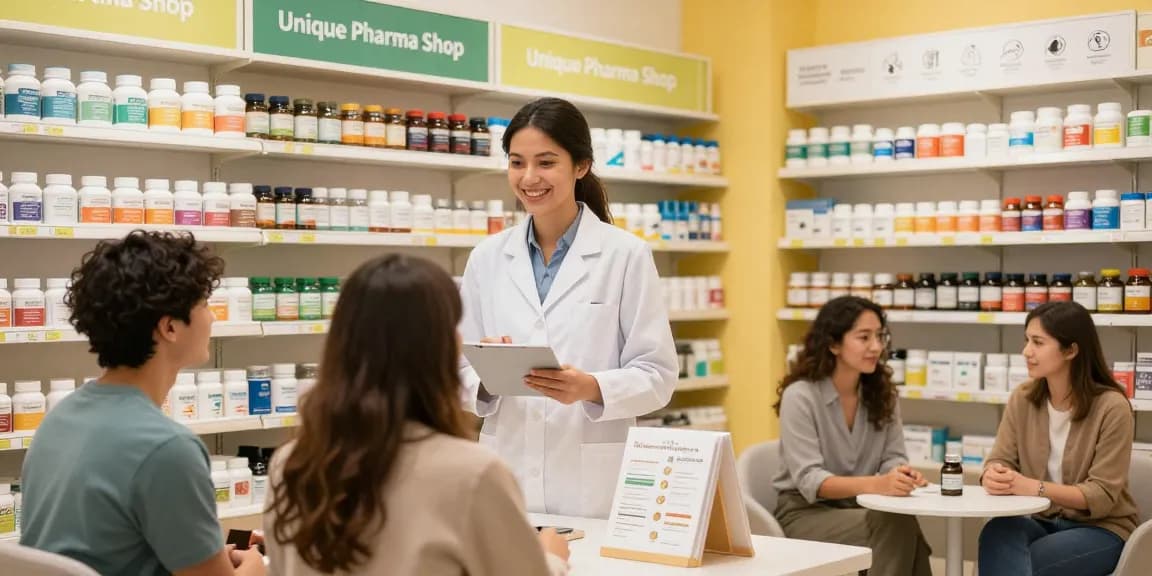 Unique Pharma Shop mit freundlichem Apotheker, der Kunden zu Gesundheitsprodukten berät