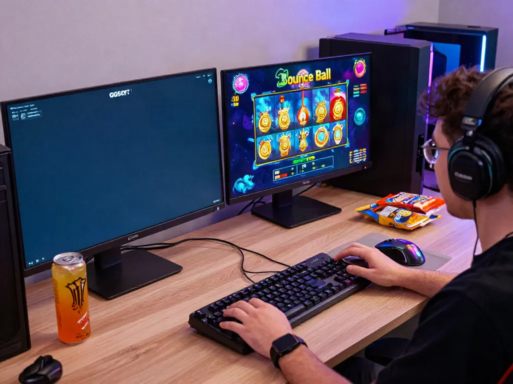 Engaged player playing GGSOFT Bounce Ball Slot game with vibrant graphics and gaming accessories.