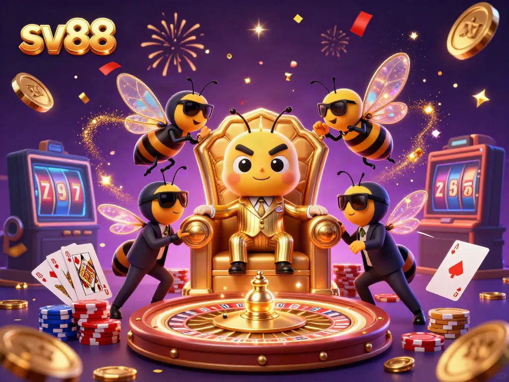 Experience thrilling action with sv88 as the cartoon bumblebee mob boss reigns in a vibrant casino ambiance.