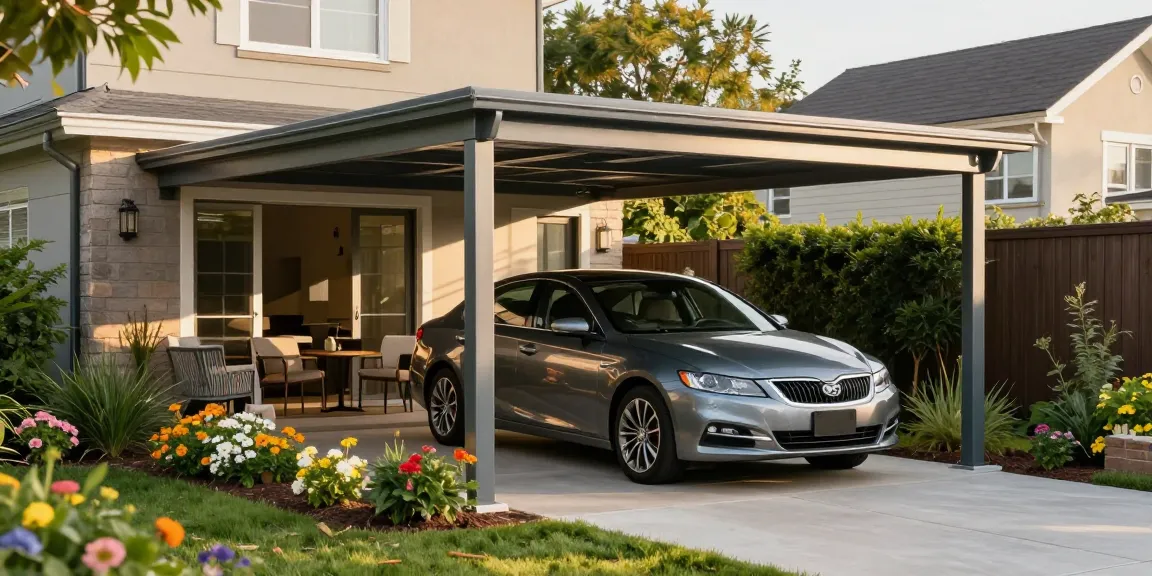 Moderne Carport-Struktur für Fahrzeuge in einem schönen Garten mit Blumen und Sitzbereich.