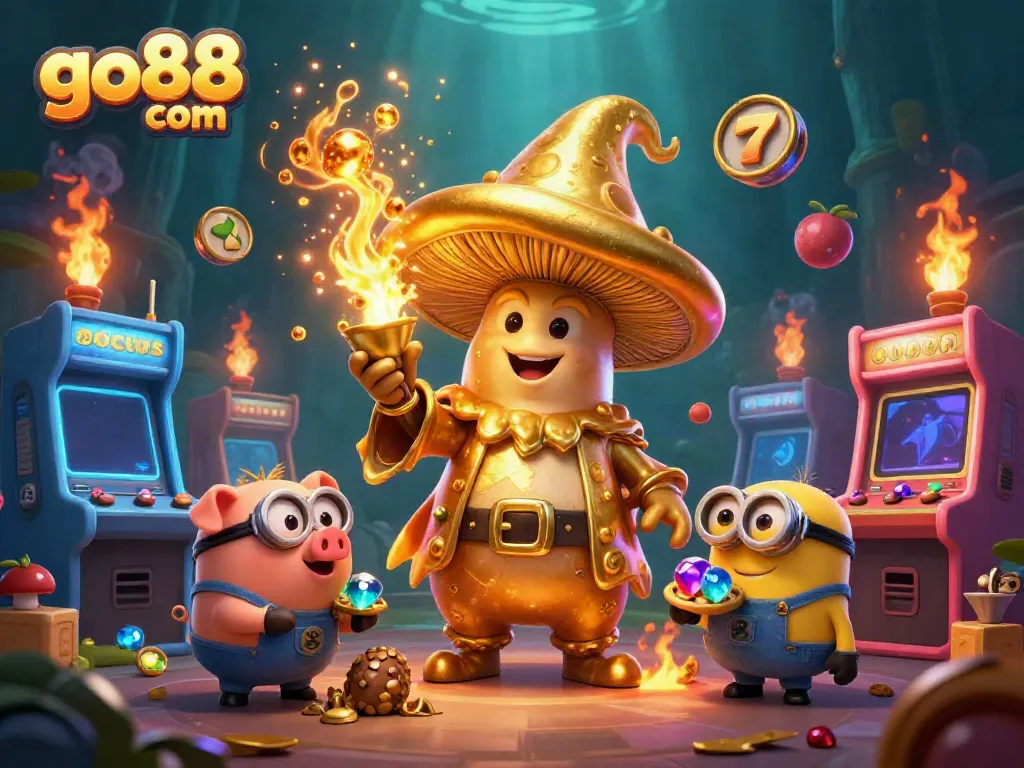 Experience the thrill of go88 com with a magical wizard and treasure-hunting pig in a vibrant casino-themed scene.