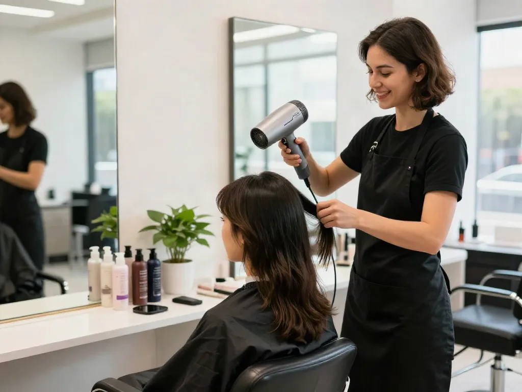 Professioneller Stylist verwendet den leichtgewicht haartrockner Laifen Air Pro in einem modernen Salon.