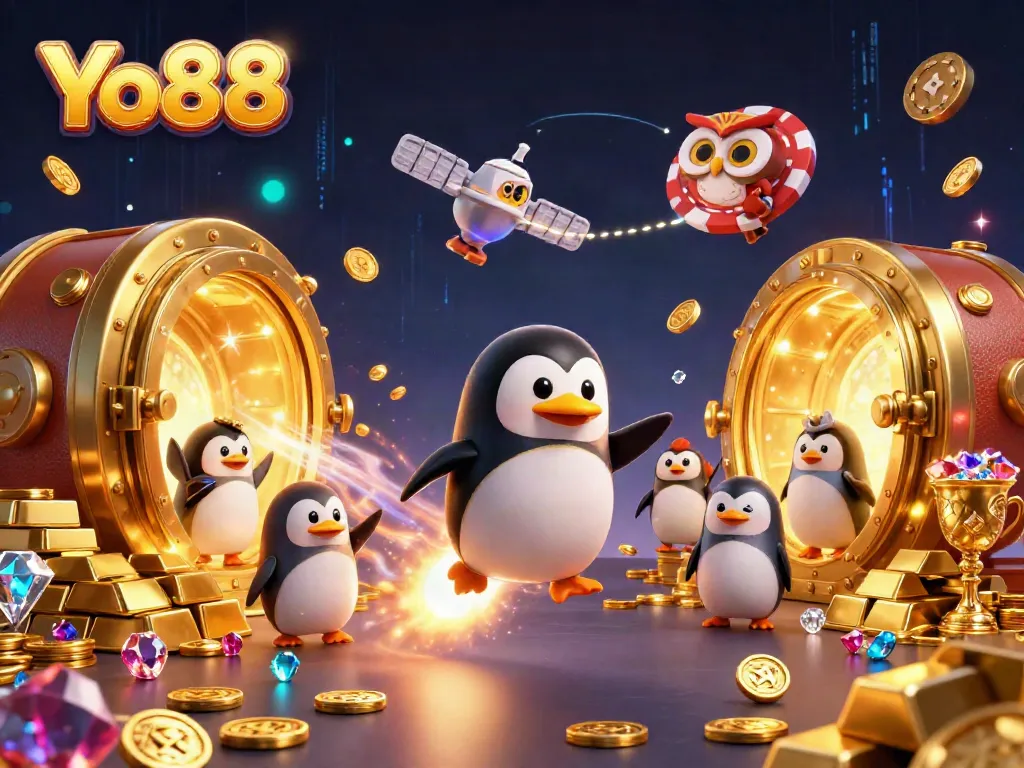 Experience big wins with Yo88's golden penguin and treasure-filled casino adventure.