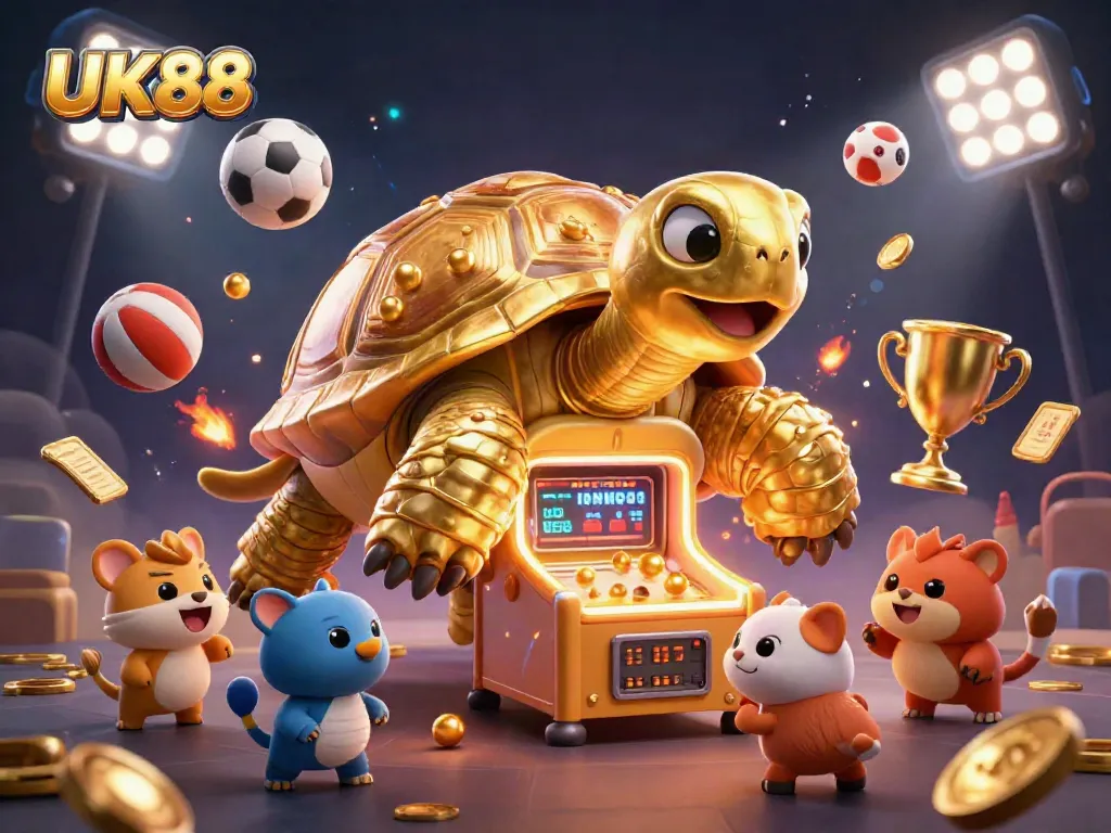 Experience UK88's thrilling gaming world with a dynamic 3D illustration showcasing excitement and rewards.