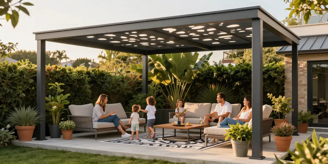 Moderne Terrassenüberdachung mit Familie, die im Garten entspannt