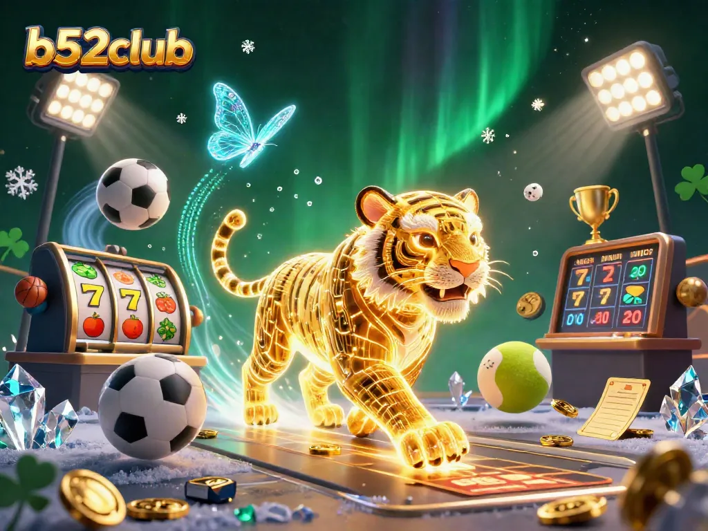 Engage in thrilling casino activities at b52club featuring a neon-wireframe tiger amid dynamic gaming elements.