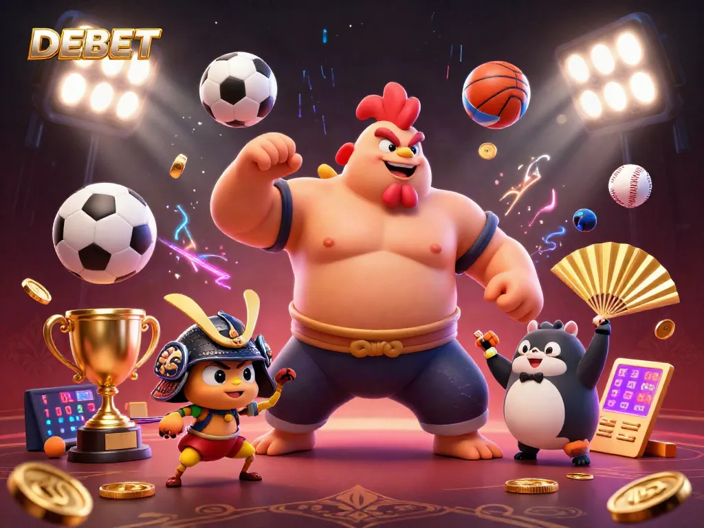 Experience the thrill of DEBET with an energetic scene of a sumo wrestler rooster and cricket amid dynamic sports elements.