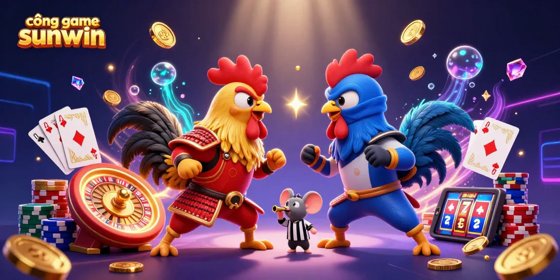 Engage with cổng game sunwin in this vibrant 3D scene featuring rooster warriors and casino elements.