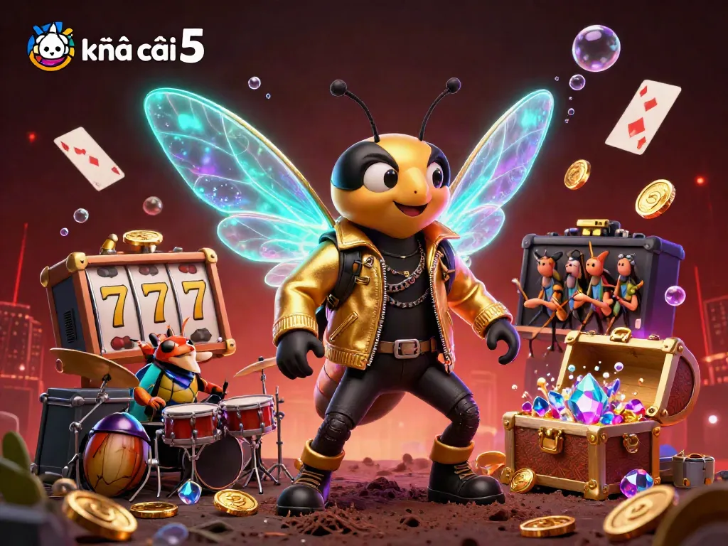 Experience the excitement of kèo nhà cái 5 with our dynamic casino-themed illustration, featuring a rock star cicada and vibrant gambling elements.