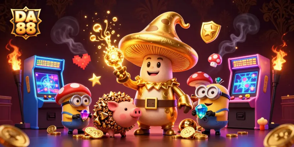 Experience the excitement of DA 88 with a wizard and treasure in a vibrant casino-themed digital art.