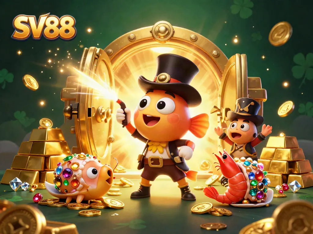 Engage with SV88 as an anglerfish attracts coins amidst a treasure-filled scene.