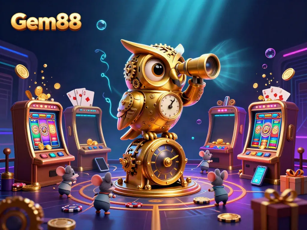Experience the vibrant casino floor of Gem88 with a whimsical clockwork owl and lively patrons.