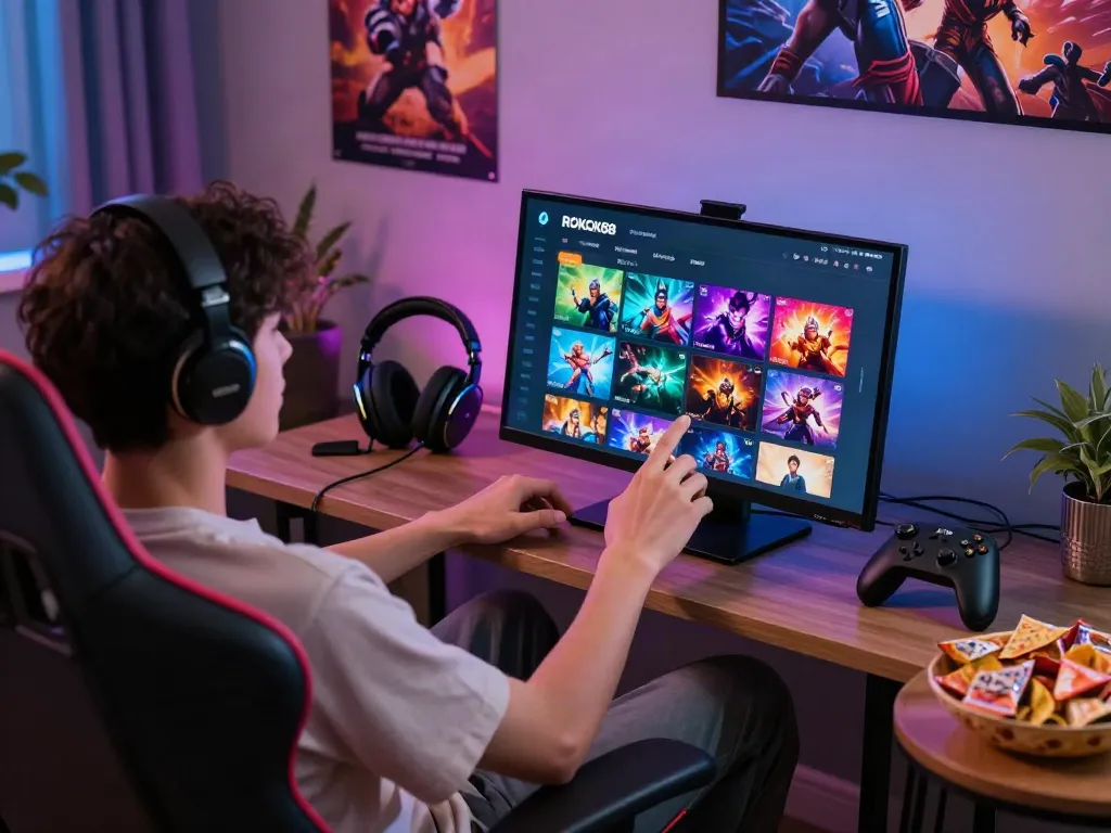 Enthusiast exploring rokok88 gaming platform on a touchscreen device in a cozy gaming space.