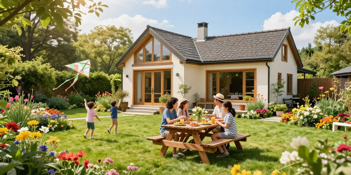 Garten Haus in lebendigem Garten mit blühenden Blumen und Familie beim Picknick, idyllische Atmosphäre.