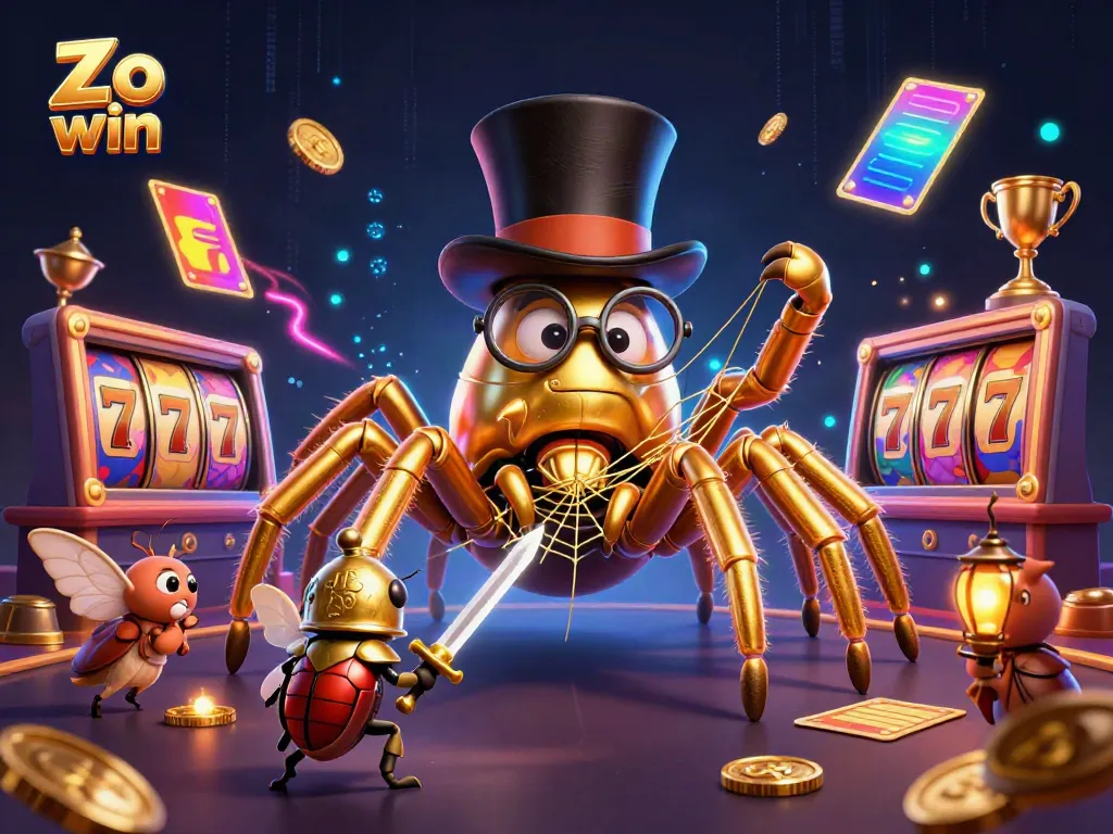 Engaging Zo win casino scene featuring a golden tarantula and beetle knight amidst dazzling slot reels.