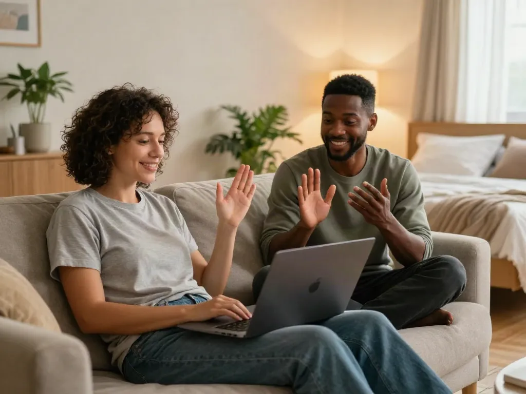 Two adults engaging in a cozy sex chat via video call, showcasing intimacy and comfort at home.