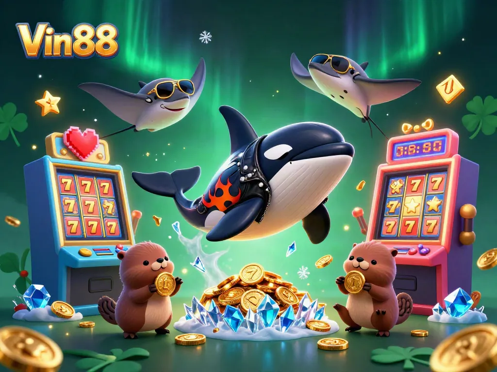 Capture excitement at Vin 88 with orca, stingray, and otters amidst jackpot slots in vibrant colors.