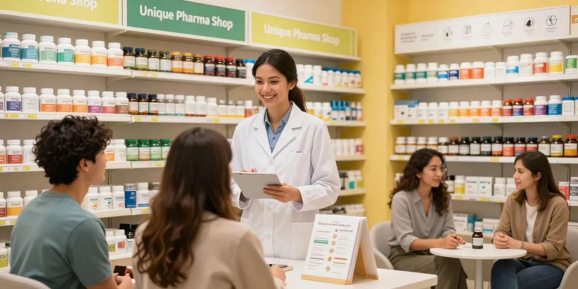 Unique Pharma Shop mit freundlichem Apotheker, der Kunden zu Gesundheitsprodukten berät