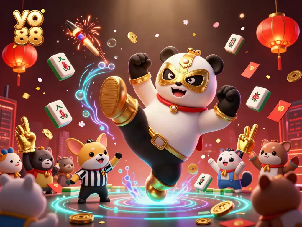 Engage in thrilling action with yo 88 as panda wrestler kicks, surrounded by colorful casino elements.