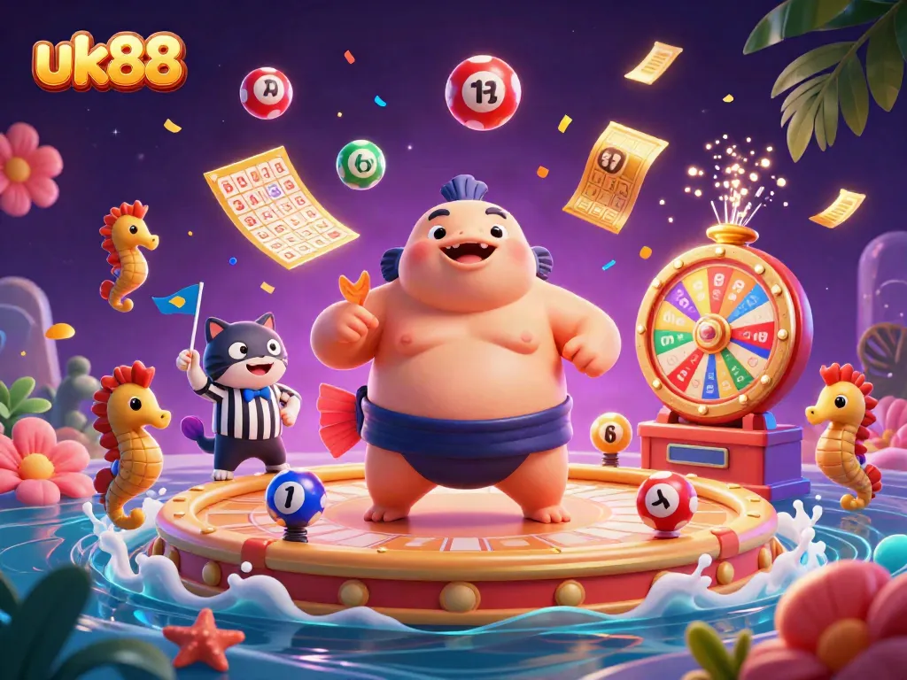 Experience dynamic gaming with UK88's vibrant underwater lottery scene, featuring exciting elements and colorful characters.