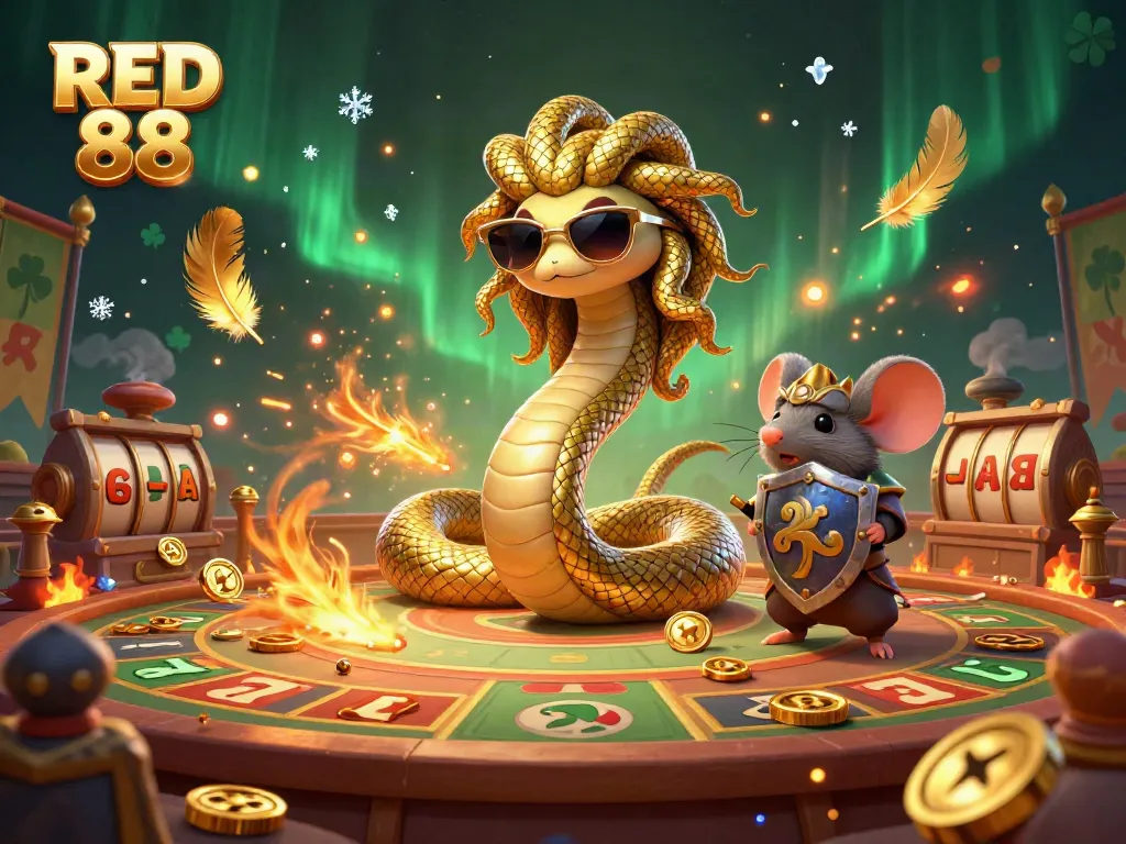 Experience the excitement of RED 88 with charming characters in an energetic gambling arena filled with vibrant details.