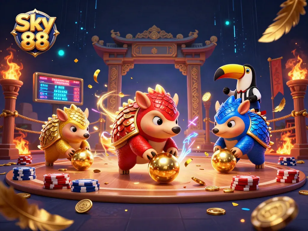 Experience the thrilling action of Sky 88 as rival pangolins battle through golden poker chips and vibrant casino elements.