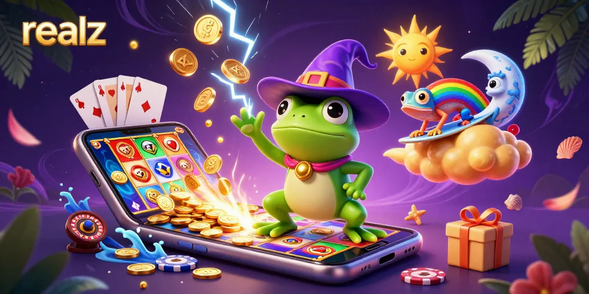 Play exciting slot games with realz featuring golden coins and dynamic characters in a vibrant casino atmosphere.