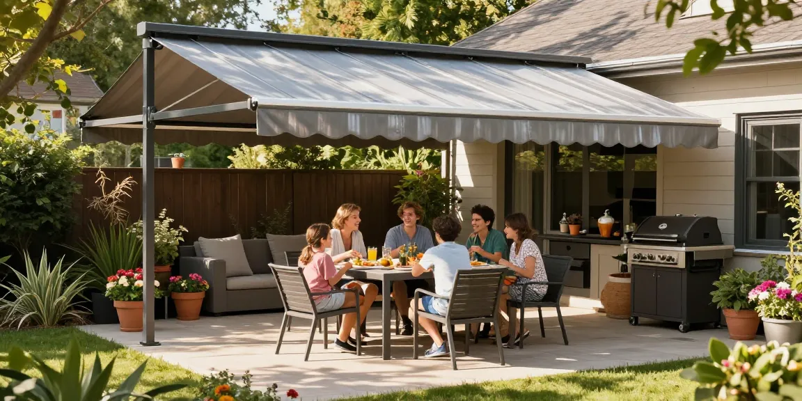 Terrassenüberdachungen in einem modernen Garten mit einer Familie, die einen sonnigen Nachmittag unter dem Aluminium-Awning genießt.