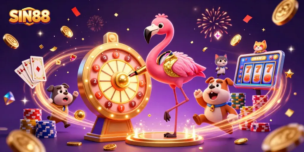 SIN88 rewards gamblers with endless fun and excitement, featuring a vibrant game show scene with a spinning prize wheel.